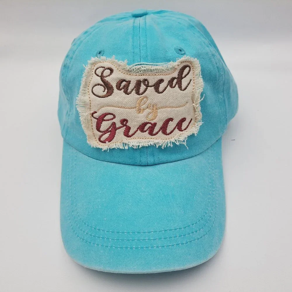 Saved by Grace Women's Hat Cap Religious Cotton Pink Embroidered Ragged Patch